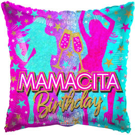Colorful birthday balloon pillow with silhouettes and stars