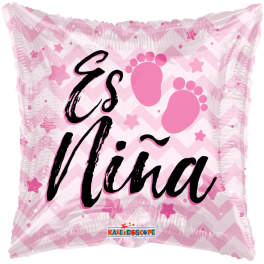Pink baby shower balloon with footprints and the name Esmira