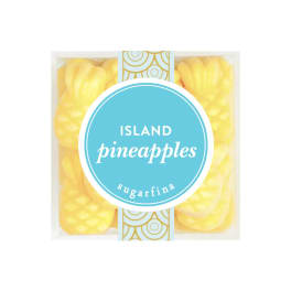 Box of yellow pineapple-shaped candies with a blue label