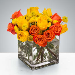 Compact arrangement of yellow and orange roses with yellow button mums in a clear glass cube vase