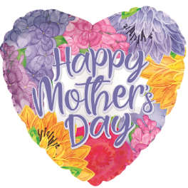 Heart-shaped Mother's Day balloon with floral print and purple lettering