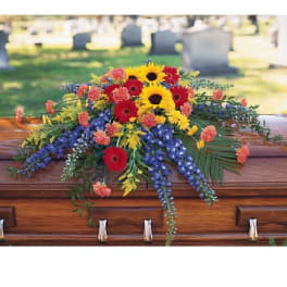 Colorful casket spray with yellow sunflowers, red gerbera daisies, and blue delphinium in a cemetery