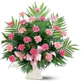 Tall fan-shaped arrangement of pink carnations with palm fronds in a white container