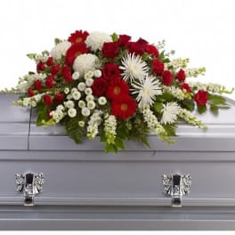 Red and white casket spray with roses, chrysanthemums, and gerbera daisies on a silver casket
