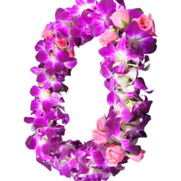 Purple orchid and pink rose floral lei on a white background