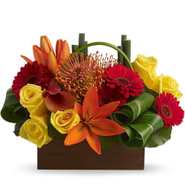 Low rectangular arrangement of orange lilies, yellow roses, red gerberas and pincushion protea with looped green foliage