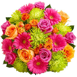 Bright mixed bouquet with pink gerberas, roses, and green chrysanthemums