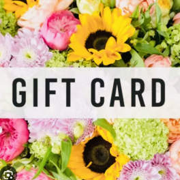 Gift card with a colorful floral border and bold text