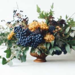 Low floral arrangement with blue berries, yellow blooms, and greenery in a bronze vase.