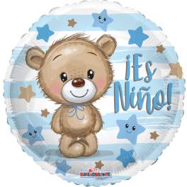 Round baby shower balloon with a teddy bear and "it's Niña!" text