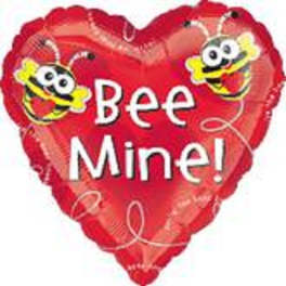 Red heart-shaped balloon with bees and the words Bee Mine