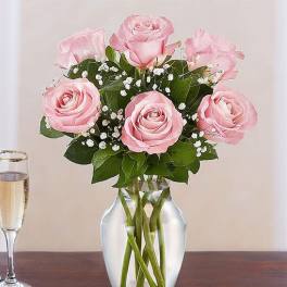 Pink roses arranged in a clear glass vase with baby's breath