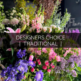 Mixed bouquet with pink lilies, roses, and purple flowers