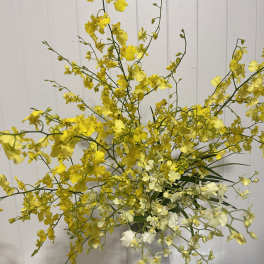 Yellow and white orchid arrangement in a white vase