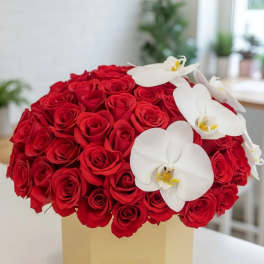 Red rose arrangement with white orchids in a beige box