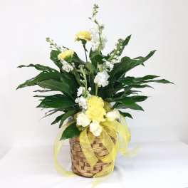 Yellow and white floral arrangement in a woven basket with ribbon