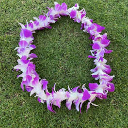 Purple and white orchid lei on grass