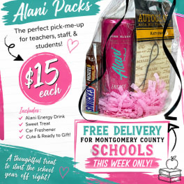 Back-to-school gift pack with an energy drink, candy, and car air freshener in a clear bag