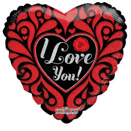 Heart-shaped red and black balloon with "Love You!" text