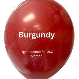 A burgundy balloon with white text on a plain background.
