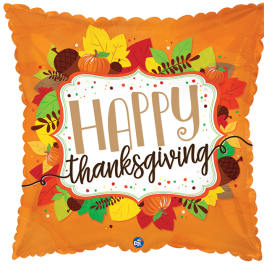 Orange Thanksgiving balloon with fall leaves and pumpkins