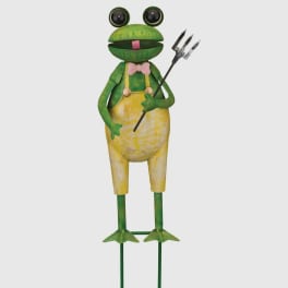 Decorative frog figurine holding a trident on metal stakes