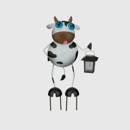 A cartoon cow figurine holding a lantern.