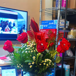 Dozen Long Stemmed Roses with GOLD BUTTERFLIES AND TEDDY BEAR AND CHOCOLATES