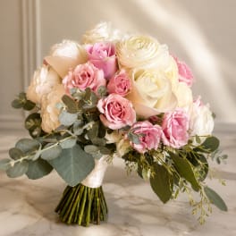 Pink and ivory rose bouquet with eucalyptus greenery