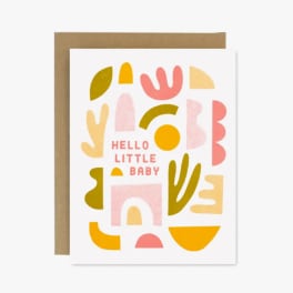 Baby greeting card with colorful abstract shapes and "Hello Little Baby" text
