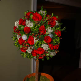 Round arrangement of red roses in a terracotta pot on a stem