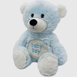 Light blue teddy bear plush with "baby boy" on its belly
