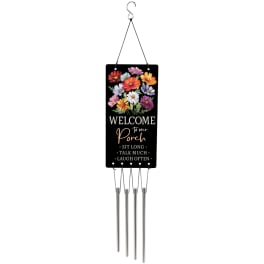 Hanging porch sign with colorful flowers and metal wind chimes