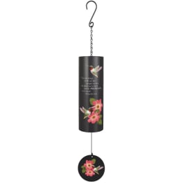 Black hanging wind chime with pink flowers and hummingbirds