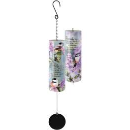 Two hanging metal wind chimes with bird and floral prints