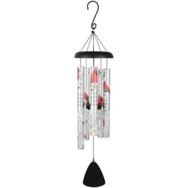 Hanging wind chime with floral-patterned tubes and a black top and clapper