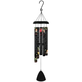 Black hanging wind chime with colorful bird and floral prints