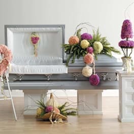 Carnations Spear Casket Spray, Heart, Topiary, Fireside Basket, and Heartlid Decoration