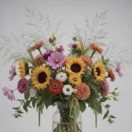 Mixed bouquet of sunflowers, daisies, and zinnias in a clear glass vase