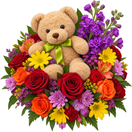 Teddy bear surrounded by colorful roses and daisies