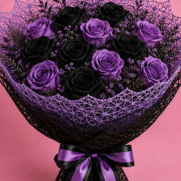 Bouquet of black and purple roses wrapped in black mesh with a purple ribbon