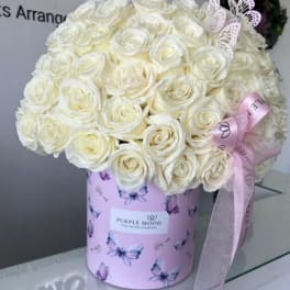 50 White Roses With Butterflies In a Box