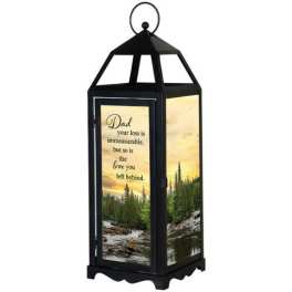 Black memorial lantern with a printed sympathy message and landscape scene