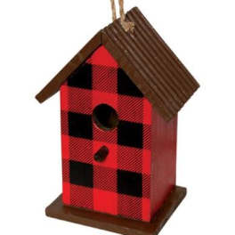 Red and black plaid wooden birdhouse with a rope hanger