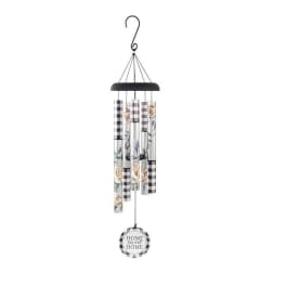 Hanging metal wind chime with plaid tubes and a round "Home Sweet Home" tag