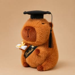 Plush capybara wearing a graduation cap and sash, holding a diploma