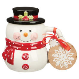 Snowman-shaped ceramic mug with a red scarf and hanging tag