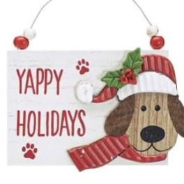 Holiday sign with a dog illustration and hanging bead handle