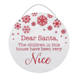 Round Christmas sign with red snowflakes and Santa message