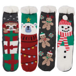 Four holiday socks with Christmas characters and gift patterns
